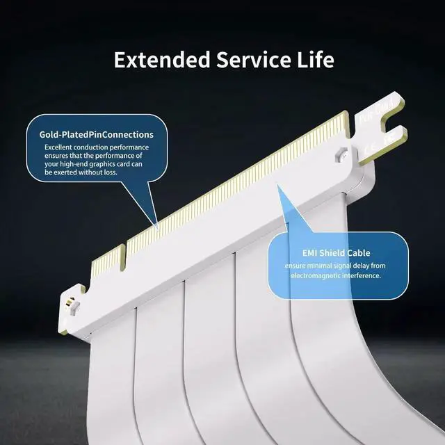 Alt view image 6 of 7 - White PCIe 4.0 X16 90 Degree Shielded GPU Riser Cable, 200mm High-Speed Graphics Card Extension Cord, Compatible with RTX 4090/RTX 3060/RX 7900 GPUs