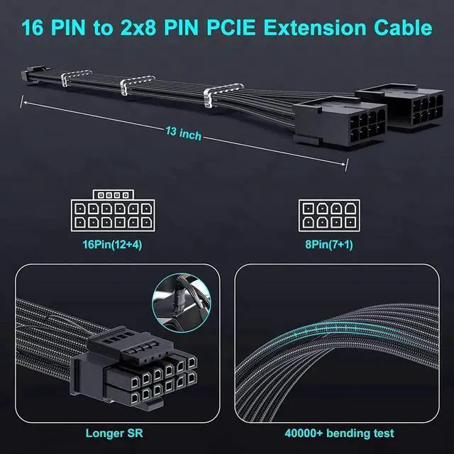 Alt view image 7 of 7 - PCIe 5.0 12VHPWR 16Pin (12+4) Male to Dual 8Pin Female GPU Power Extension Cable, 13 Inch Sleeved 12V-2x6 Adapter Cord, Compatible with RTX 4070 / 4070 Ti / 4070 Super Graphics Cards, Black