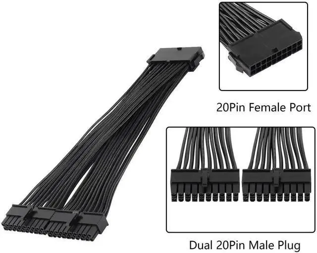 Alt view image 3 of 5 - 24cm ATX 20Pin PSU Splitter Cable, 18AWG 20Pin Female to Dual Male Power Extension Cord for Desktop Power Supply Expansion