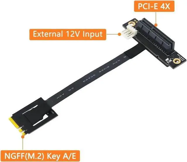 Alt view image 3 of 6 - 270-Degree M.2 NGFF Key A-E to PCIe x4 Riser Adapter Cable with 4-Pin FDD Power Port, PCIe Extension Test Card Extender