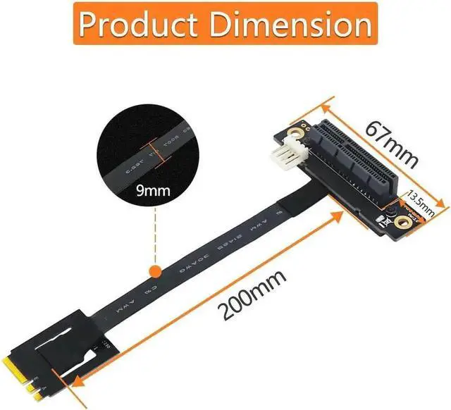 Alt view image 2 of 6 - 270-Degree M.2 NGFF Key A-E to PCIe x4 Riser Adapter Cable with 4-Pin FDD Power Port, PCIe Extension Test Card Extender