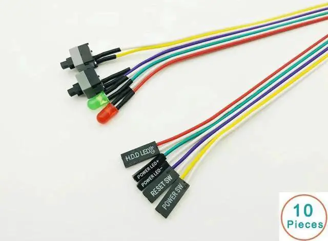 Main image of 10 Pack PC Front Panel Cables, Power Switch + Reset + HDD LED Wires, 66cm Length for Desktop PCs, BTC Mining Rigs & Antminer Devices