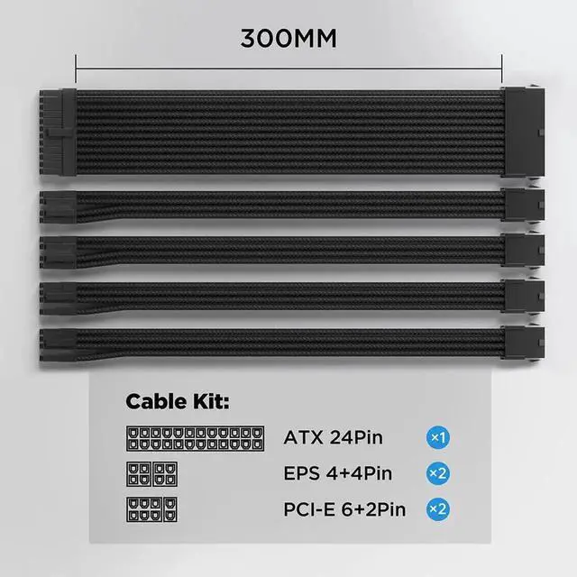 Alt view image 5 of 5 - 30CM Sleeved PSU Extension Cable Kit with Cable Combs, 24Pin + Dual EPS 8Pin(4+4) + Dual PCIe 8Pin(6+2), Black ATX Power Extension Set