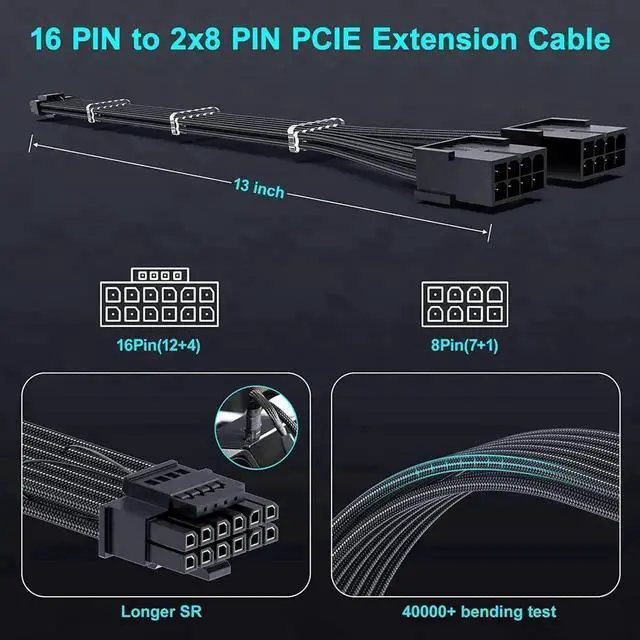Alt view image 2 of 7 - 13 Inch Black PCIe 5.0 12VHPWR 16Pin(12+4) Male to Dual 8Pin Female GPU Power Extension Cable, Compatible with RTX 4070 / 4070 Super / 4070Ti