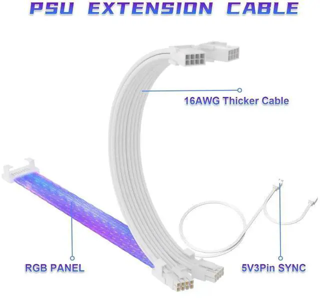 Alt view image 5 of 7 - Full White ARGB Strimer GPU Power Extension Cable Kit, Triple 8(6+2)Pin PCIe PSU Extension Cord, 5V 3Pin Addressable RGB Sync, White Connector for Custom White Themed PC Chassis