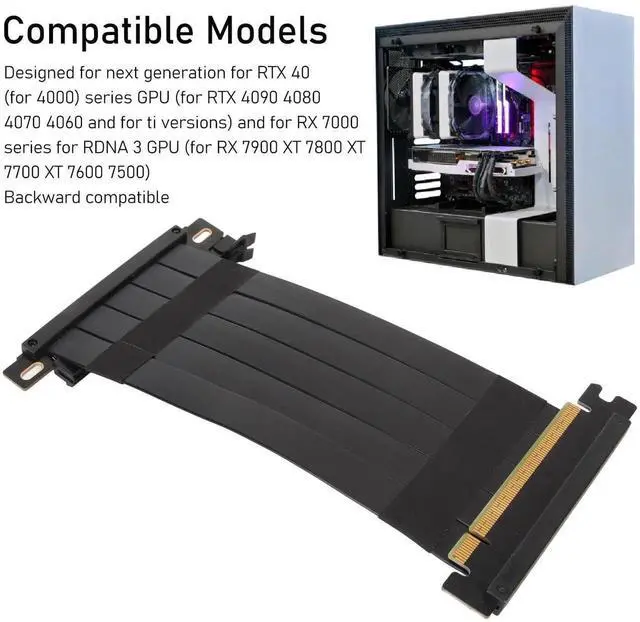 Alt view image 3 of 7 - 20CM Black PCIe 4.0 x16 Riser Cable, Dual-Sided Flexible Reverse 180° GPU Extension Cord, Compatible with RX 7900/7800/7700/7600/7500 Series Graphics Cards