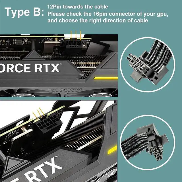 Alt view image 4 of 6 - Type B 90 Degree 12VHPWR Adapter Cable, PCIe 5.0 16AWG 12+4Pin 16Pin GPU Right Angle Power Extender, 12VHPWR Male to Dual 8Pin Female Cord for RTX 3090Ti, 4070Ti, 4080, 4090 Graphics Cards