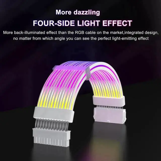 Alt view image 6 of 7 - White 24 Pin ARGB PSU Extension Cable, 5V 3Pin Addressable RGB Four-Sided Luminous Motherboard Power Supply Cord for PC Case Decoration