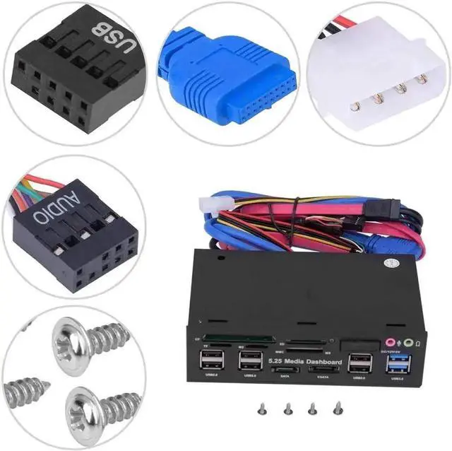 Alt view image 4 of 5 - 5.25 Inch Multi-Function Front Panel Media Dashboard, USB3.0/2.0 Hub + eSATA + 4Pin Power + Audio Jack, Multi Card Reader for M2/TF/SD/MS/CF