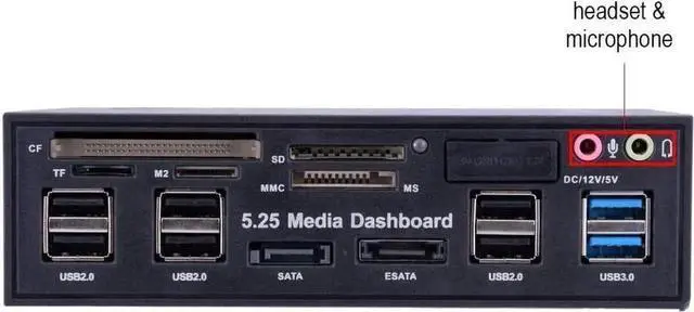 Alt view image 2 of 5 - 5.25 Inch Multi-Function Front Panel Media Dashboard, USB3.0/2.0 Hub + eSATA + 4Pin Power + Audio Jack, Multi Card Reader for M2/TF/SD/MS/CF