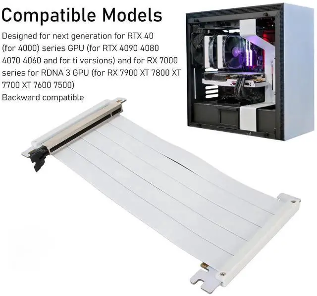 Alt view image 3 of 7 - PCIe 4.0 x16 180° Dual Reverse GPU Riser Cable, 30cm White Flexible Extension Cord, Compatible with AMD RX 7900/7800/7700/7600/7500 Series