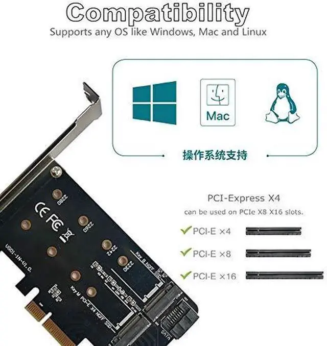 Alt view image 2 of 6 - PCIe 4.0 x4 Dual M.2 Adapter Card, Supports 1×M-Key NVMe SSD + 1×B/B+M-Key SATA SSD, Compatible with 2230/2242/2260/2280 NGFF Drives, Comes with SATA 3.0 Cable