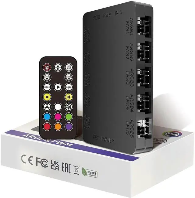 Main image of Black 10-Port ARGB PWM Fan Hub, 5V 3-Pin + 4-Pin Fan Splitter, Magnetic Mount, SATA Powered, RF Remote & Case Button Control for PC Case Fans