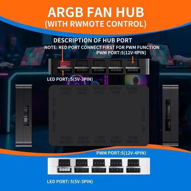 Alt view image 6 of 6 - Black 10-Port ARGB PWM Fan Hub, 5V 3-Pin + 4-Pin Fan Splitter, Magnetic Mount, SATA Powered, RF Remote & Case Button Control for PC Case Fans