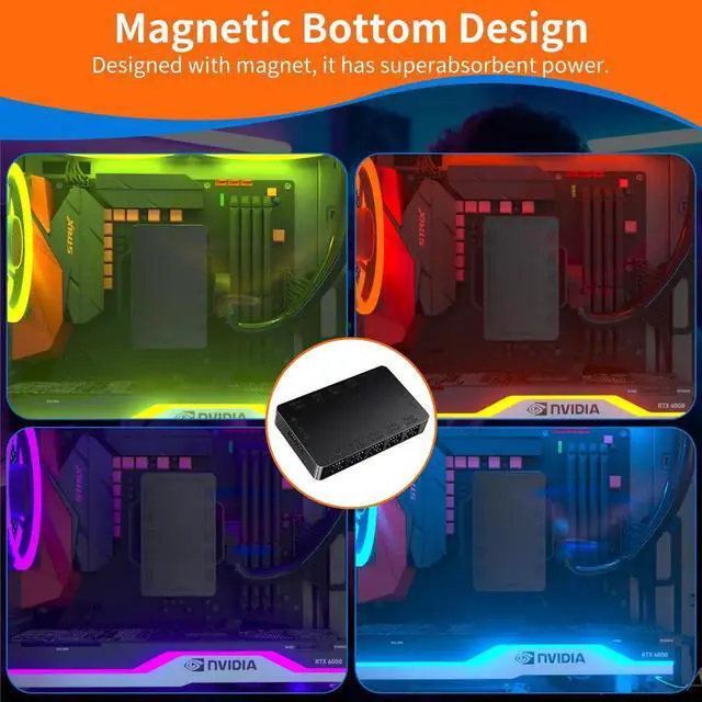 Alt view image 2 of 6 - Black 10-Port ARGB PWM Fan Hub, 5V 3-Pin + 4-Pin Fan Splitter, Magnetic Mount, SATA Powered, RF Remote & Case Button Control for PC Case Fans