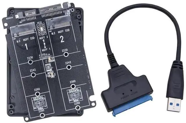 Main image of Dual M.2 B Key SATA to SATA 3.0 Adapter Enclosure + USB 3.0 to SATA Cable, 6Gbps M.2 NGFF SATA SSD Converter