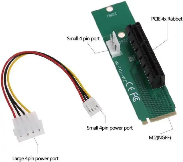 Alt view image 5 of 6 - 1Pc M.2 NGFF M Key Male to PCIe X4 Female Adapter Card, M.2 to PCI-E 4X Riser Converter with 4Pin Power Cable for BTC Mining Rig