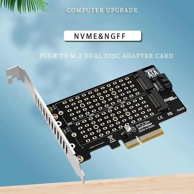 Alt view image 6 of 6 - PH42 Dual M.2 NVMe & NGFF SATA SSD to PCIe Adapter Card, M-Key/B-Key/B+M-Key Compatible, 32Gbps NVMe /6Gbps SATA, Fits PCIe X4/X8/X16 Slots, Includes SATA Cable