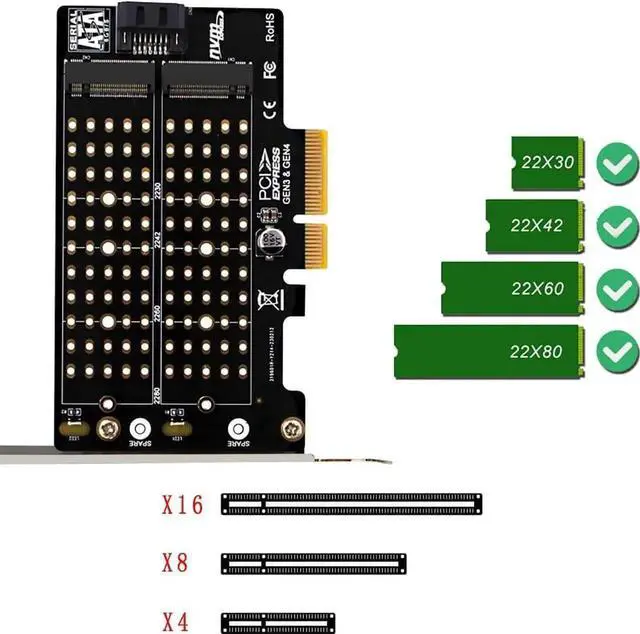 Alt view image 3 of 6 - PH42 Dual M.2 NVMe & NGFF SATA SSD to PCIe Adapter Card, M-Key/B-Key/B+M-Key Compatible, 32Gbps NVMe /6Gbps SATA, Fits PCIe X4/X8/X16 Slots, Includes SATA Cable