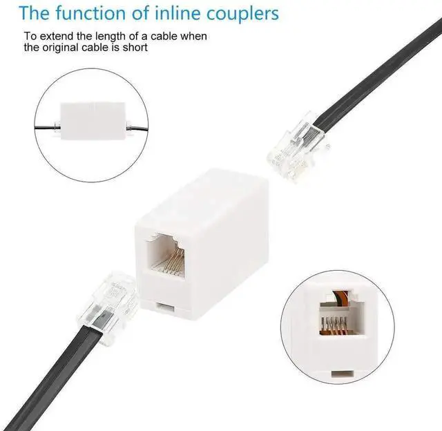 Alt view image 7 of 7 - RJ11 6P4C Female to Female Inline Coupler, Straight Telephone Cable Connector, White, 2 Pack