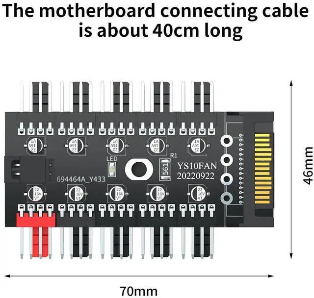Alt view image 6 of 7 - 1-to-10 PWM Fan Hub, 12V 4Pin Splitter Powered by SATA, PC Chassis Fan Extension Cable
