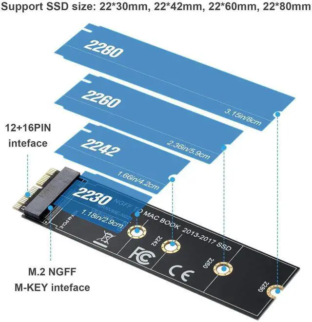 Alt view image 7 of 7 - 12+16Pin to M.2 NGFF M-Key SSD Adapter Card, NVMe & AHCI SSD Upgrade Converter Compatible with 2013-2017 MacBook
