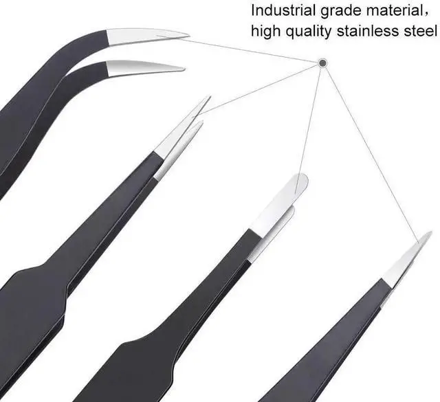Alt view image 3 of 6 - 6 Pcs Anti-Static Precision Stainless Steel Tweezers Set, Curved & Straight Tips, for Electronics Soldering, Lab, Jewelry & Crafts