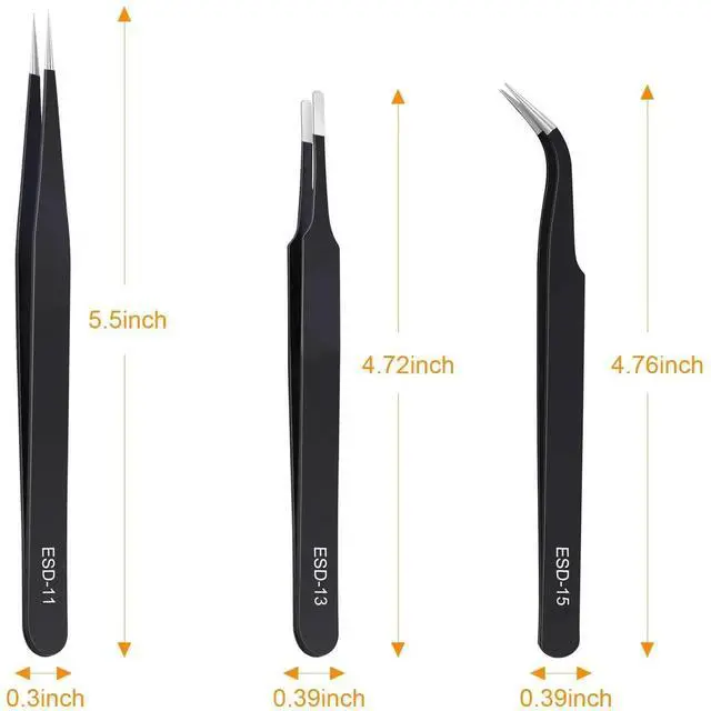 Alt view image 3 of 7 - 3 Pack Anti-Static Precision Stainless Steel Tweezers Set, for Soldering, Electronics, Lab, Jewelry & Model Crafting