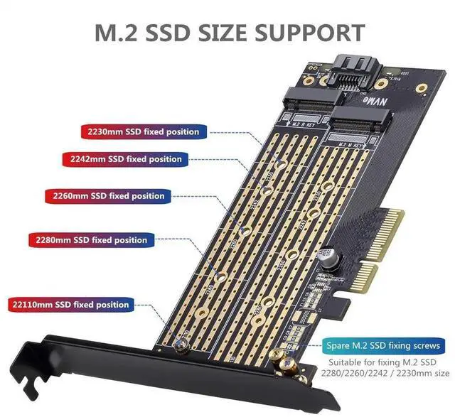 Alt view image 4 of 7 - Dual M.2 PCIe x4 Expansion Card with Heatsink, Supports NVMe M-Key & SATA B-Key SSDs, Fits 223022110 Sizes