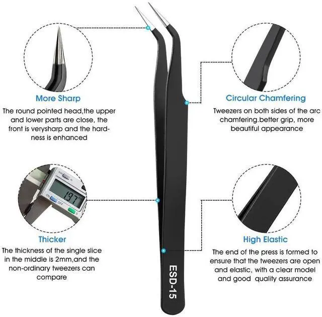 Alt view image 5 of 7 - 10 Pack ESD Anti-Static Stainless Steel Precision Tweezers Set with Storage Bag, for Soldering, Electronics Repair, Jewelry Craft & Lab Use