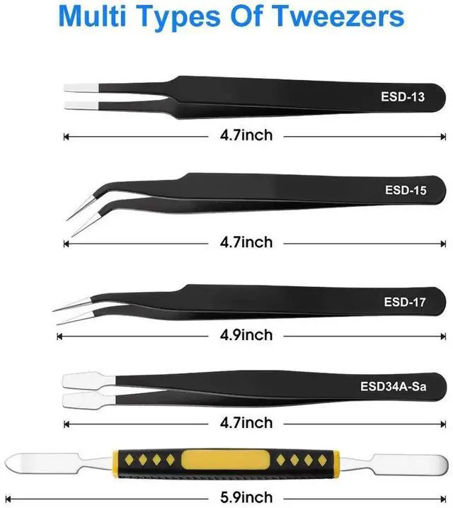 Alt view image 7 of 7 - 10 Pack ESD Anti-Static Stainless Steel Precision Tweezers Set with Storage Bag, for Soldering, Electronics Repair, Jewelry Craft & Lab Use