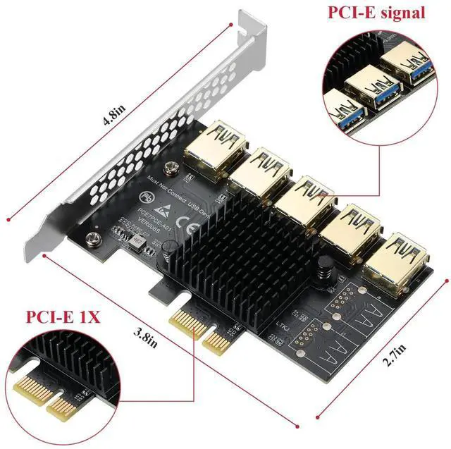 Alt view image 3 of 7 - PCI-E 1 to 5 Riser Splitter Card, PCI-E X1 to 5 Port PCIe USB3.0 Multiplier Adapter, GPU Expansion Riser Card for Bitcoin Ethereum Mining Rig