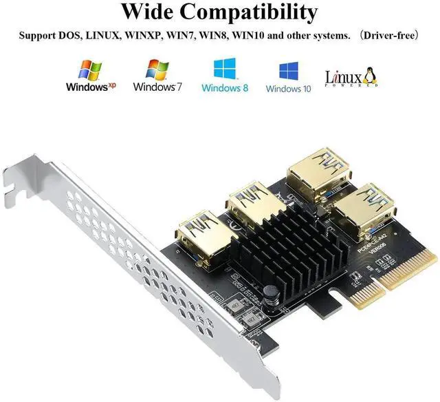 Alt view image 5 of 7 - PCI-E 4X to 4-Port USB 3.0 Multiplier Riser Card, 20Gbps Bandwidth GPU Converter Adapter for Bitcoin ETH Mining