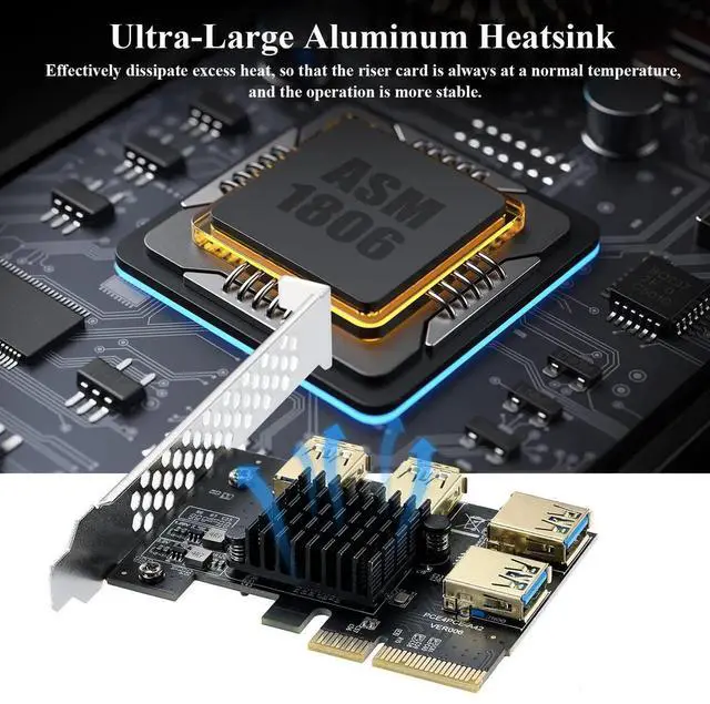 Alt view image 6 of 7 - PCI-E 4X to 4-Port USB 3.0 Multiplier Riser Card, 20Gbps Bandwidth GPU Converter Adapter for Bitcoin ETH Mining