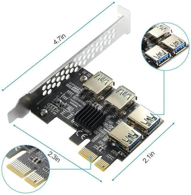 Alt view image 6 of 7 - PCIe 1 to 4 Riser Card, PCI-E 1X to 4 Ports USB 3.0 Adapter Multiplier for Bitcoin Mining GPU