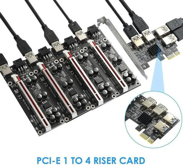 Alt view image 4 of 7 - PCIe 1 to 4 Riser Card, PCI-E 1X to 4 Ports USB 3.0 Adapter Multiplier for Bitcoin Mining GPU