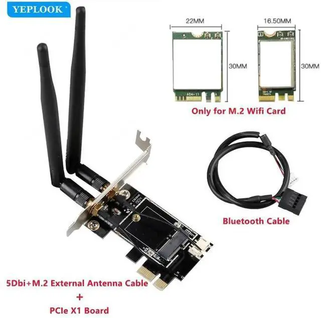 Main image of M.2 to PCIe 1X Desktop WiFi Adapter Card with Bluetooth Cable, Compatible with AX210 AX200 AC9260 8265 8260 7265 7260 1535 QCNFA344
