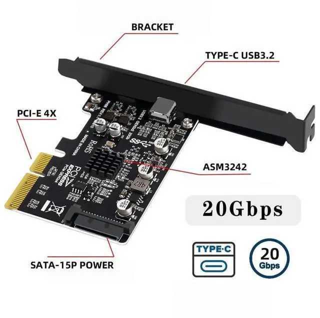 Alt view image 2 of 7 - USB 3.2 Gen2 Type-C 20Gbps PCI-E 4X Expansion Card Adapter for Desktop Motherboard