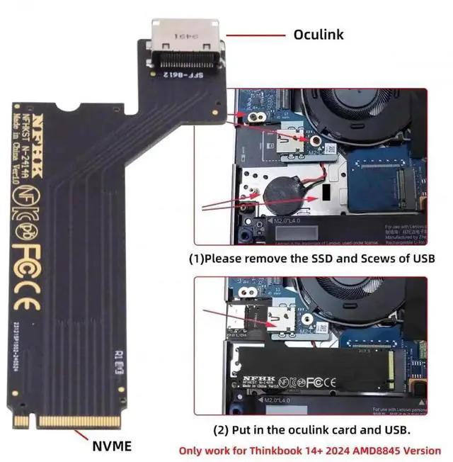 Alt view image 2 of 7 - PCIe 4.0 M.2 M-Key to OCuLink SFF-8612 SFF-8611 Host Adapter, Custom Fit for 2024 Lenovo ThinkBook 14+ AMD Ryzen 7 8845 Laptop, Supports External eGPU & U.2 NVMe SSD Expansion