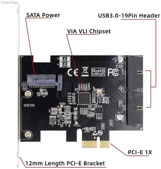 Alt view image 5 of 7 - PCI-E 1X to USB3.0 Front Panel Header Adapter, 5Gbps 19Pin/20Pin Internal Extension Card for Desktop Motherboard