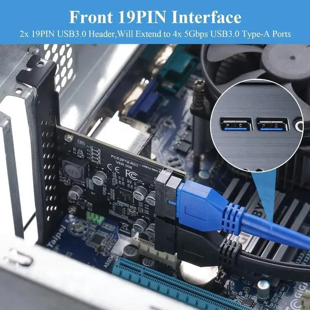 Alt view image 5 of 6 - PCIe 1X to 2-Port 19Pin USB3.2 Gen1 Expansion Card, 5Gbps Internal Header PCI Express Card Compatible with Win XP/7/8/8.1/10/11