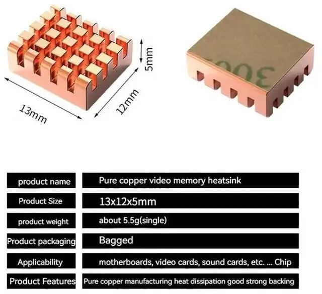 Alt view image 3 of 6 - 8 Pack Pure Copper Small Heatsinks, Memory Cooling Radiators for GPU, Motherboard, Sound Card Chips