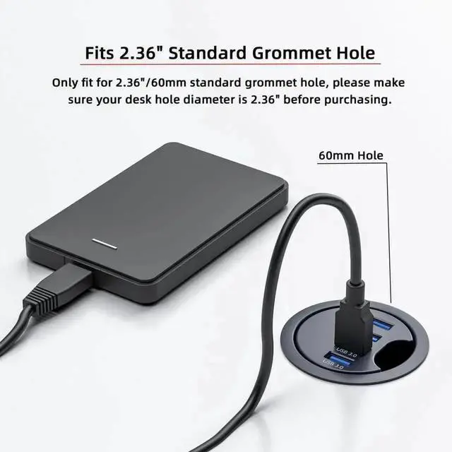 Alt view image 4 of 5 - 60mm Grommet Hole Flush Mount USB 3.0 Desktop Hub, 4-Port Built-In Table Socket Data Splitter