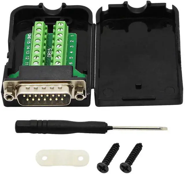 Main image of Black DB15 Breakout Terminal PCB Board with Plastic Housing & Lock Nuts, DB15 Screw Terminal Signal Splitter Module (MN Version)