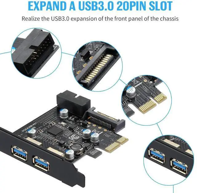 Alt view image 4 of 7 - PCI-E USB 3.2 Gen1 Expansion Card, 2×USB-A 5Gbps + 20Pin Front Header, SATA Power Supply