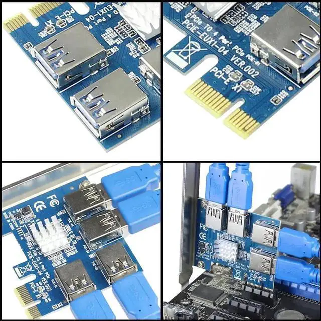 Alt view image 4 of 7 - PCI-E 1X to 4 PCIe X16 Riser Card, 1-to-4 Multiplier Adapter with USB3.0 Cable for Mining Rig
