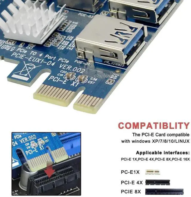 Alt view image 3 of 7 - PCI-E 1X to 4 PCIe X16 Riser Card, 1-to-4 Multiplier Adapter with USB3.0 Cable for Mining Rig
