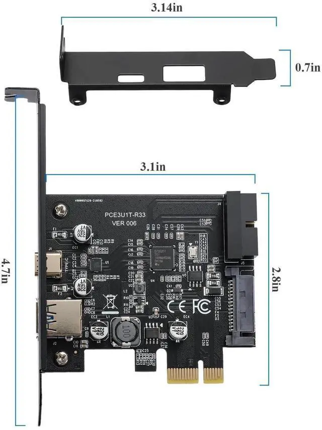 Alt view image 5 of 7 - PCIe x1 USB3.2 Gen1 Expansion Card 5Gbps, External USB-A+USB-C + Internal 20Pin Header with 15Pin Power Supply