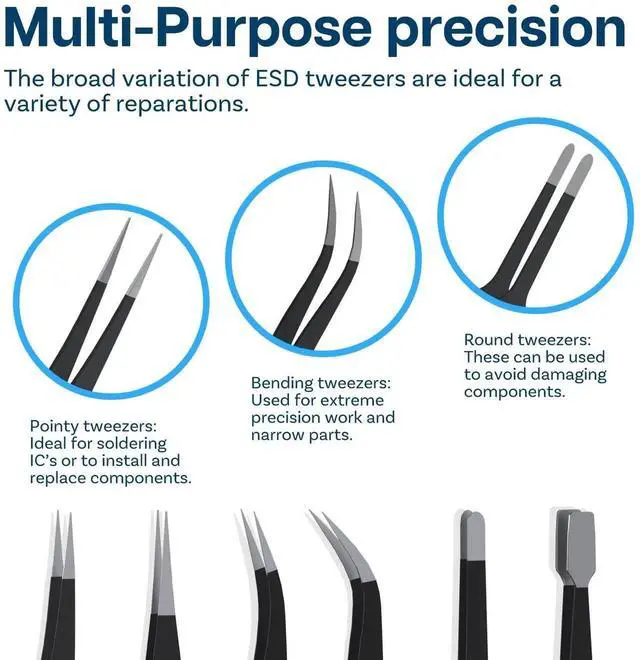 Alt view image 4 of 6 - 10 Pack ESD Anti-Static Stainless Steel Precision Tweezers Set with Spatula & Storage Case, Industrial Fine Tip Tweezers for Electronics Repair, Jewelry, Lab, Craft & Hobby Use