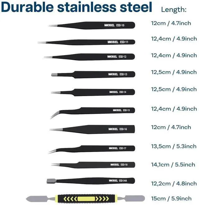 Alt view image 2 of 6 - 10 Pack ESD Anti-Static Stainless Steel Precision Tweezers Set with Spatula & Storage Case, Industrial Fine Tip Tweezers for Electronics Repair, Jewelry, Lab, Craft & Hobby Use